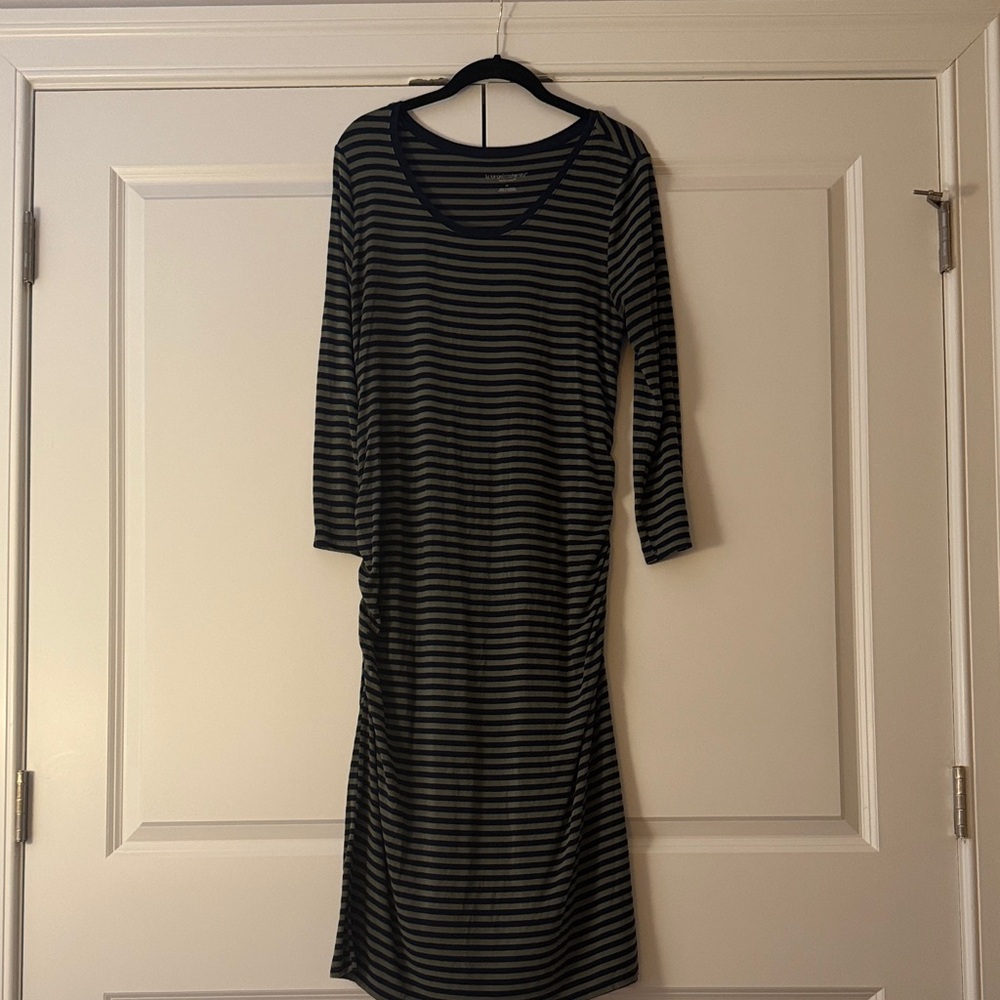 Maternity Liz Lange Navy and Sage Green Striped Long Sleeve Dress